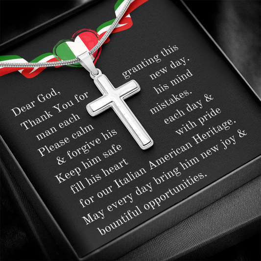 Cross Necklace with Italian American Pride Prayer Message for Men